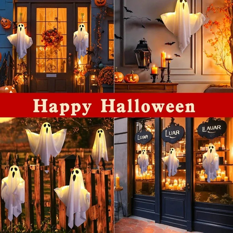 "LED Light-Up Hanging Ghost - Spooky Flying Ghost Prop for Outdoor Yard, Tree, & Porch - Perfect Halloween Party Decor"