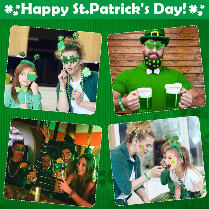 "St. Patrick's Day Decorations Set - Green Glasses, Necklaces, Headband, Bracelets, Coins, Tattoos, and Stickers for Festive Celebration"