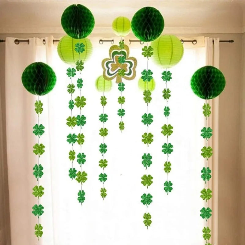 "Glitter Shamrock Clover Garland – St. Patrick's Day Streamer Banner for Parties & Decor"