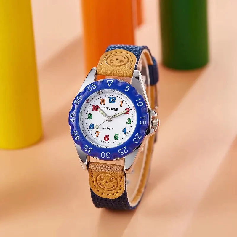 "Colorful Kids Time: Cute Quartz Watches with Fabric Straps for Boys and Girls"