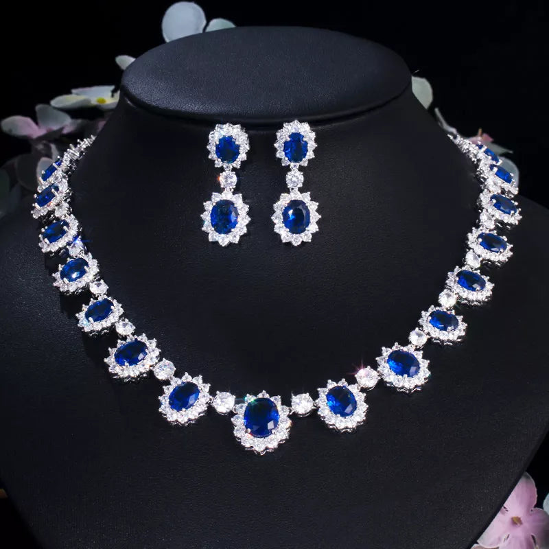 CWWZircons Luxury Brand Gorgeous Full CZ Stones Around Dark Blue Crystal Flower Sets for Women T159