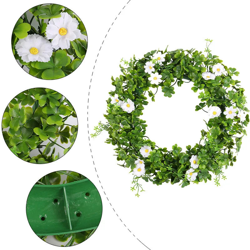 "St. Patrick's Day Artificial Wreath - Lucky Shamrock Clover & Daisy Flower Decor, Irish Spring Summer Greenery Wreath for Home Decoration"ad