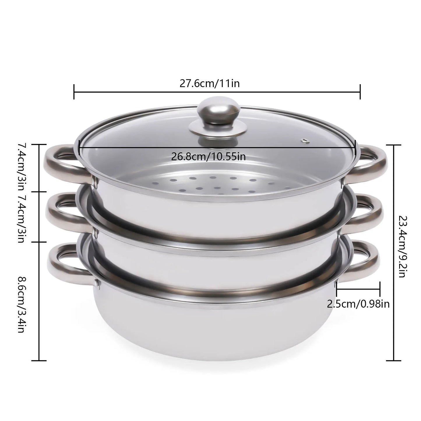 "28cm 3-Tier Stainless Steel Steamer Cooker Pot Set with Glass Lid - Versatile Cooking Essential"