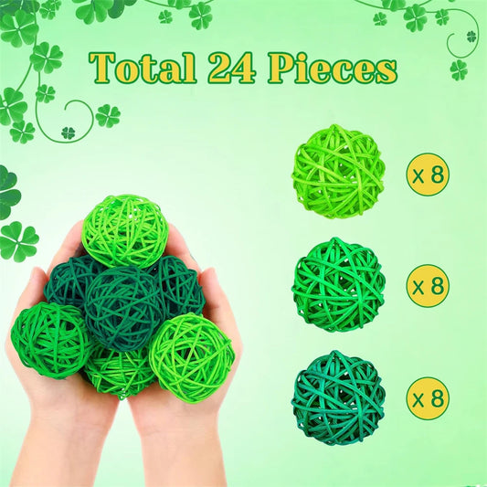 "24Pcs St. Patrick's Day Green Rattan Balls - Wicker Hollow Out DIY Craft, Holiday Table Balls and Bowl Centerpiece Home Decor"