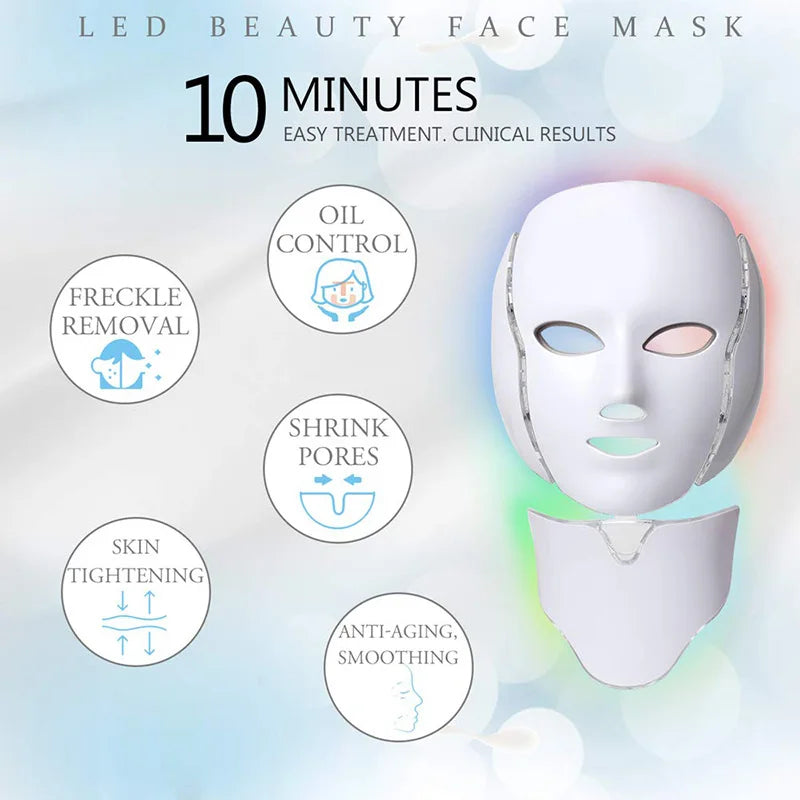 "7-Color LED Facial & Neck Therapy Mask - Skin Rejuvenation, Anti-Acne, and Beauty Spa Treatment for Face and Neck"