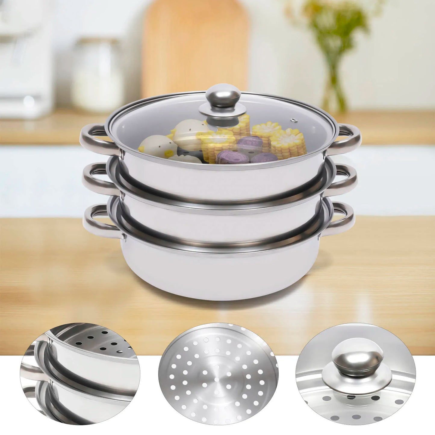 "28cm 3-Tier Stainless Steel Steamer Cooker Pot Set with Glass Lid - Versatile Cooking Essential"