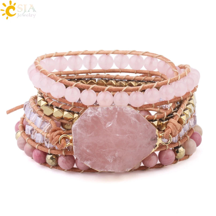 CSJA Natural Stone Bracelet  Quartz Leather Wrap  for Women Rose Gems Crystal Beads Bohemia  Jewelry 5 Strand S308
