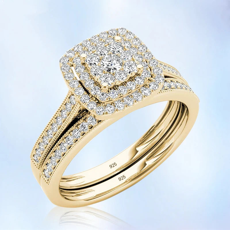 "Timeless Brilliance: 2pcs 925 Sterling Silver Engagement Ring Set with 14k Gold Plating and 2Ct Round-Cut Lab Diamond