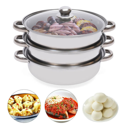 "28cm 3-Tier Stainless Steel Steamer Cooker Pot Set with Glass Lid - Versatile Cooking Essential"