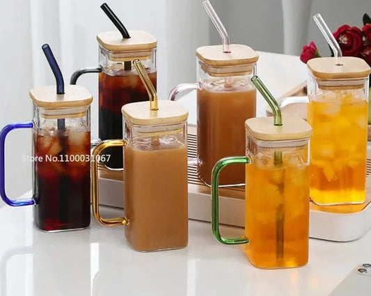 "Sip in Style: 350ML Square Mug with Lids, Straws, and Single-Colored Handle for Trendy Beverage Enjoyment"